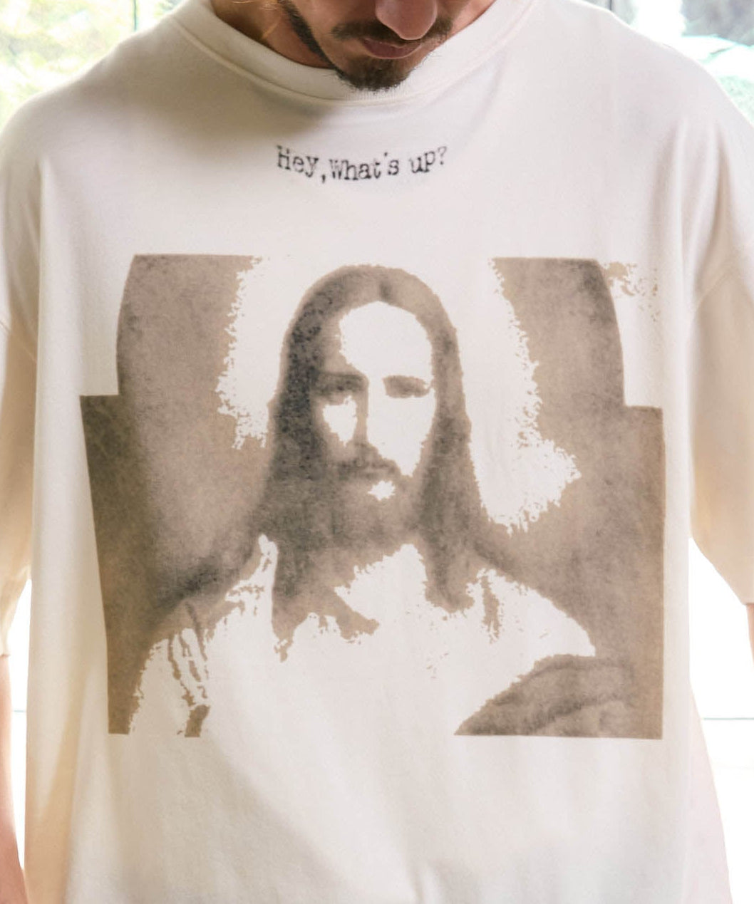 【予約販売7月中旬~下旬入荷】-Jesus-(ジーザス) "Hey, What's up?" グラフィック&ローズワッペン ヴィンテージTシャツ -Jesus-