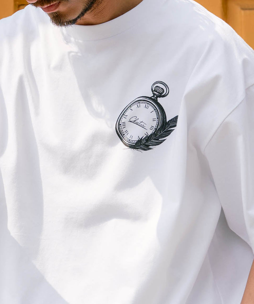 【予約販売7月初旬～中旬入荷】-Alice-(ｱﾘｽ)  アンティークウォッチ＆フェザー 裾ドローコード Tシャツ
