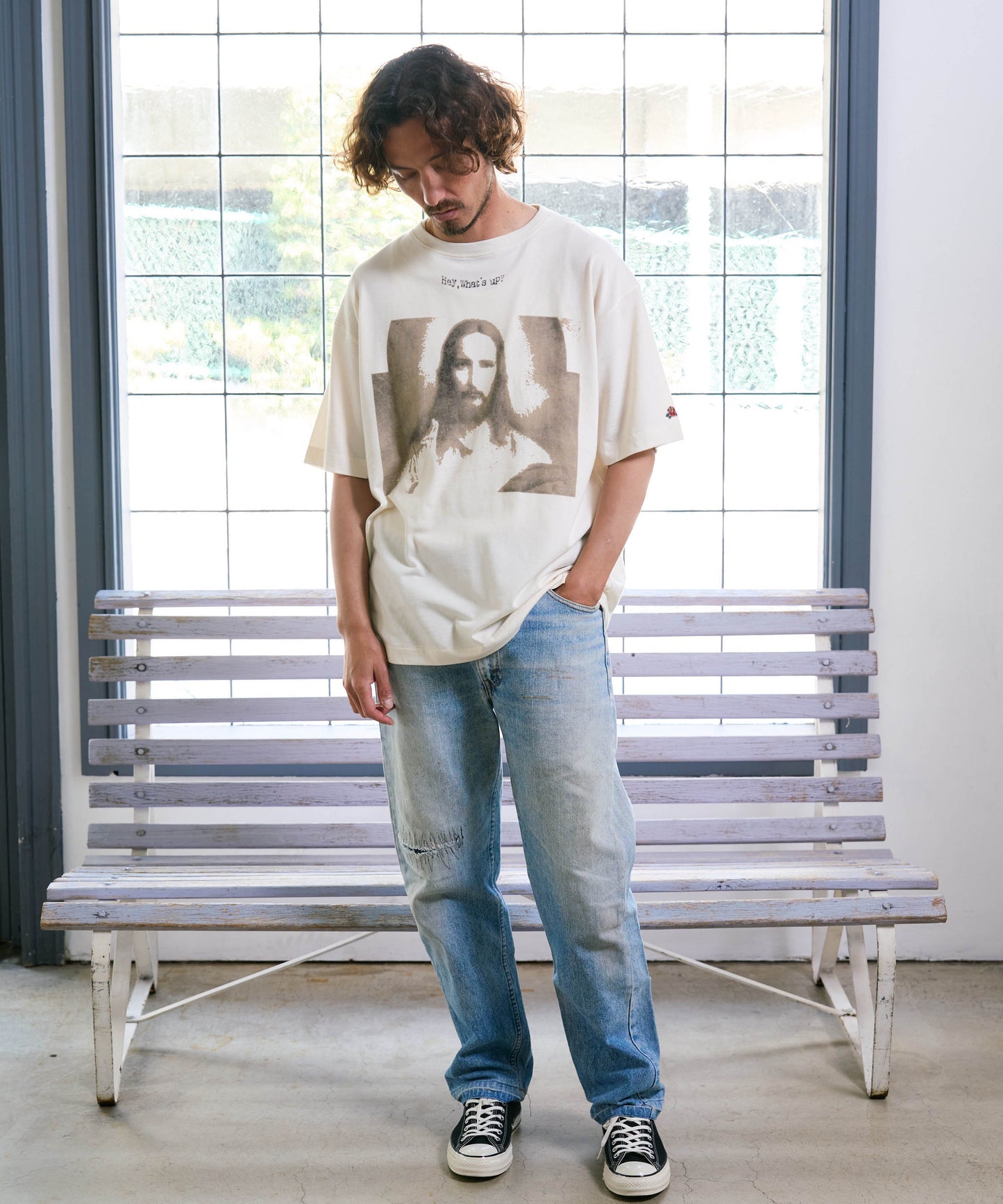 【予約販売7月中旬～下旬入荷】-Jesus-(ｼﾞｰｻﾞｽ) "Hey, What's up?" グラフィック＆ローズワッペン ヴィンテージTシャツ -Jesus-