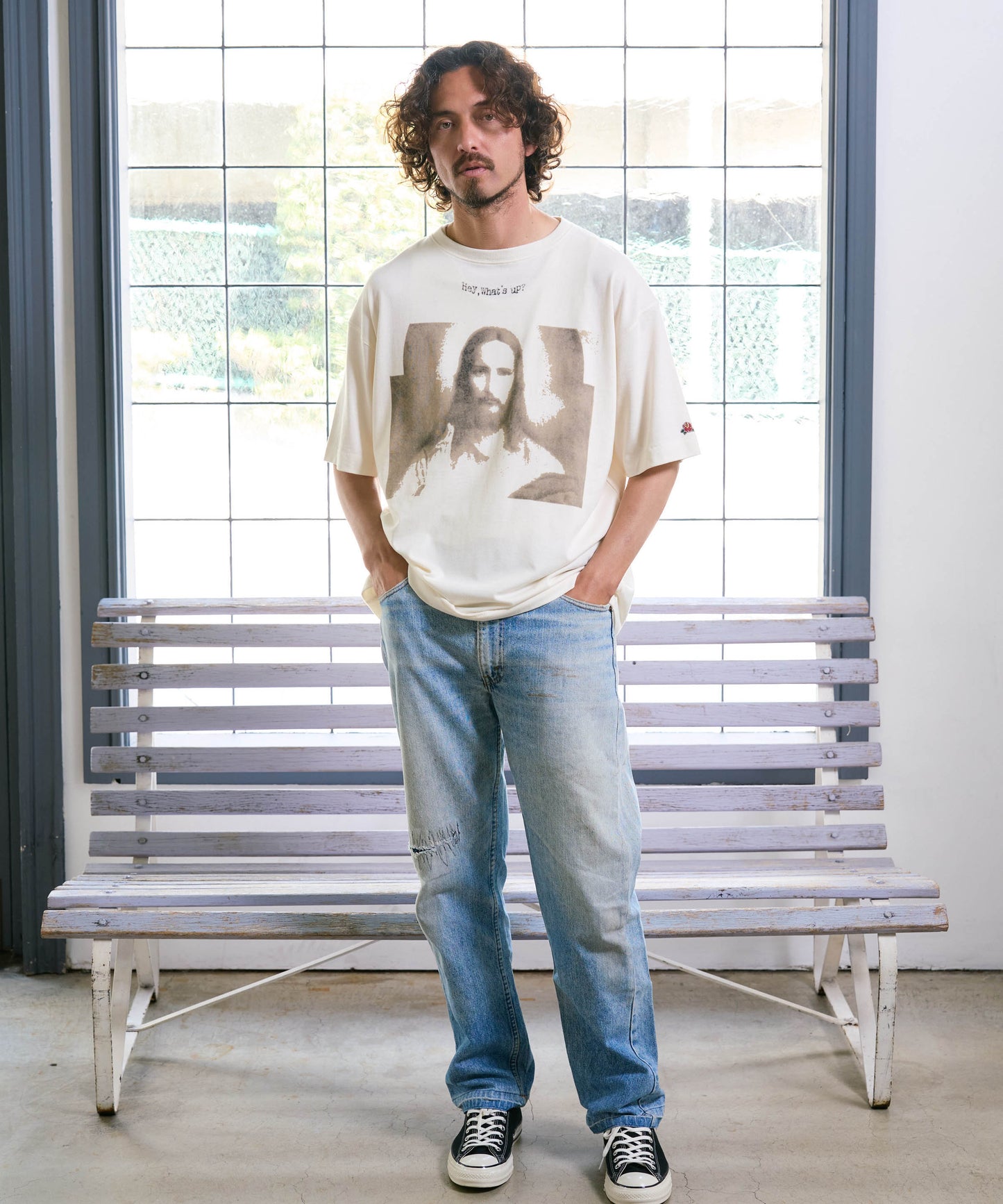 【予約販売7月中旬～下旬入荷】-Jesus-(ｼﾞｰｻﾞｽ) "Hey, What's up?" グラフィック＆ローズワッペン ヴィンテージTシャツ -Jesus-