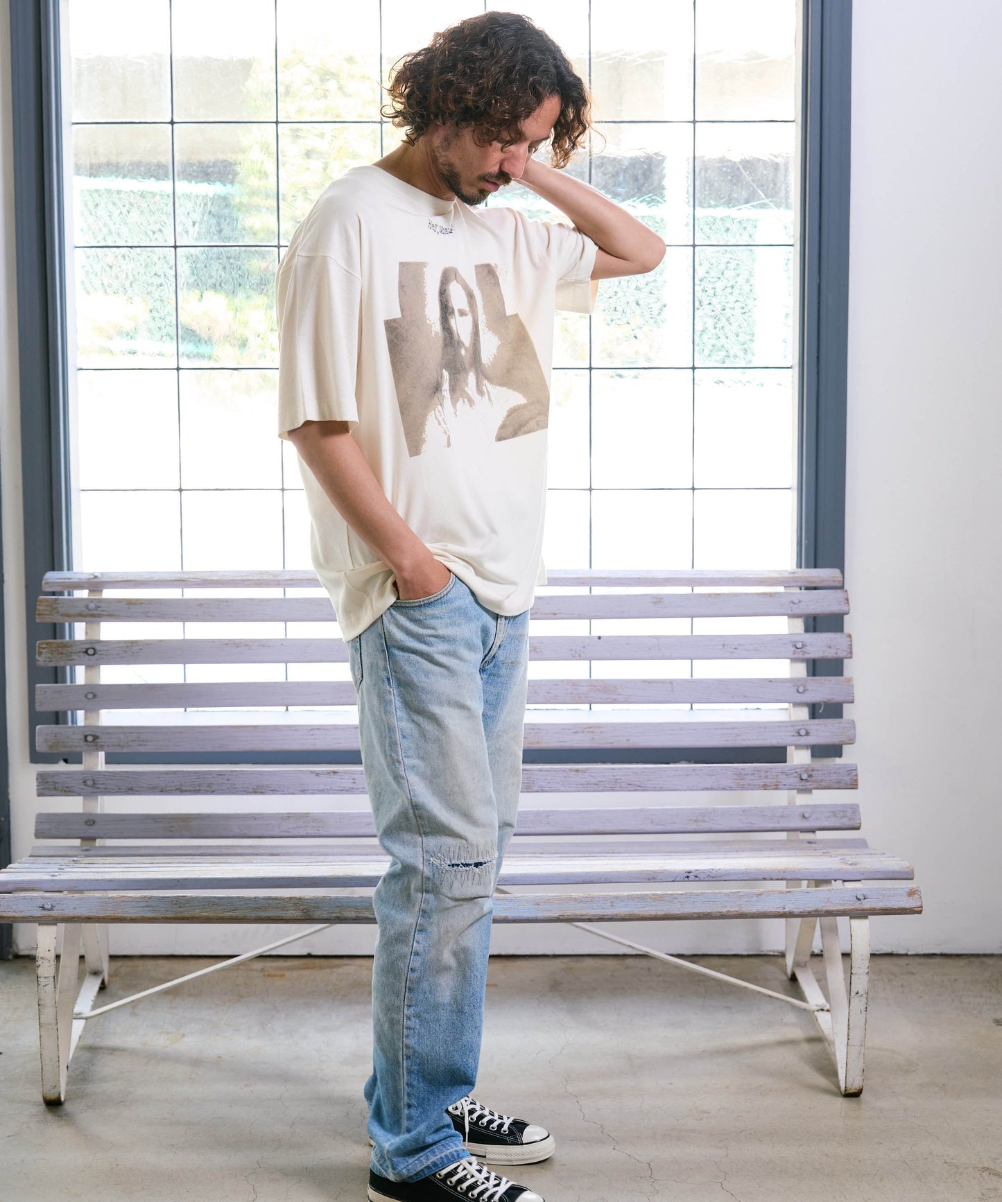 【予約販売7月中旬～下旬入荷】-Jesus-(ｼﾞｰｻﾞｽ) "Hey, What's up?" グラフィック＆ローズワッペン ヴィンテージTシャツ -Jesus-
