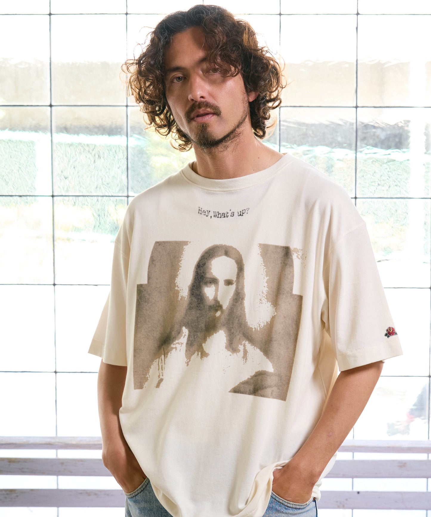 【予約販売7月中旬～下旬入荷】-Jesus-(ｼﾞｰｻﾞｽ) "Hey, What's up?" グラフィック＆ローズワッペン ヴィンテージTシャツ -Jesus-