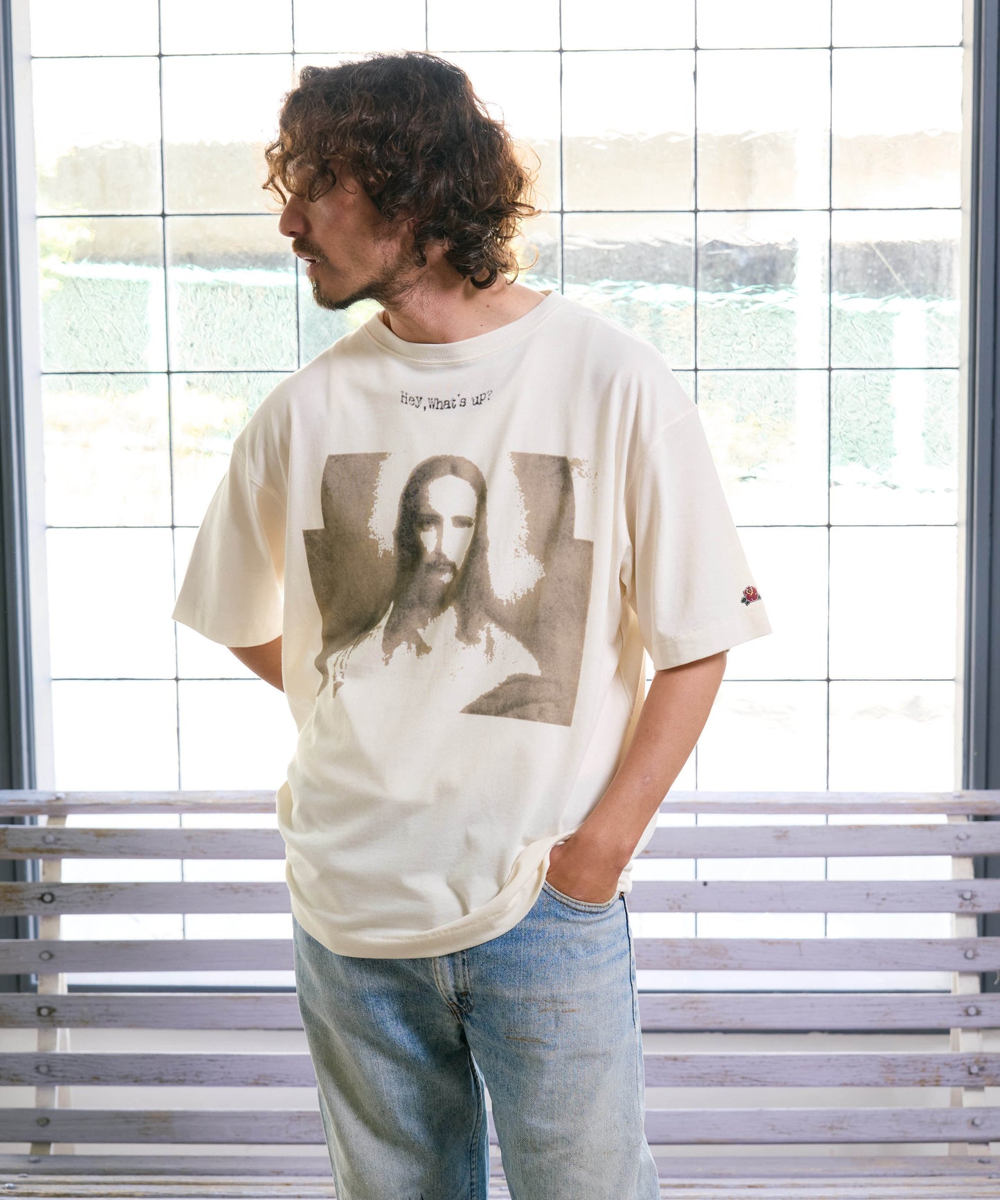 【予約販売7月中旬～下旬入荷】-Jesus-(ｼﾞｰｻﾞｽ) "Hey, What's up?" グラフィック＆ローズワッペン ヴィンテージTシャツ -Jesus-