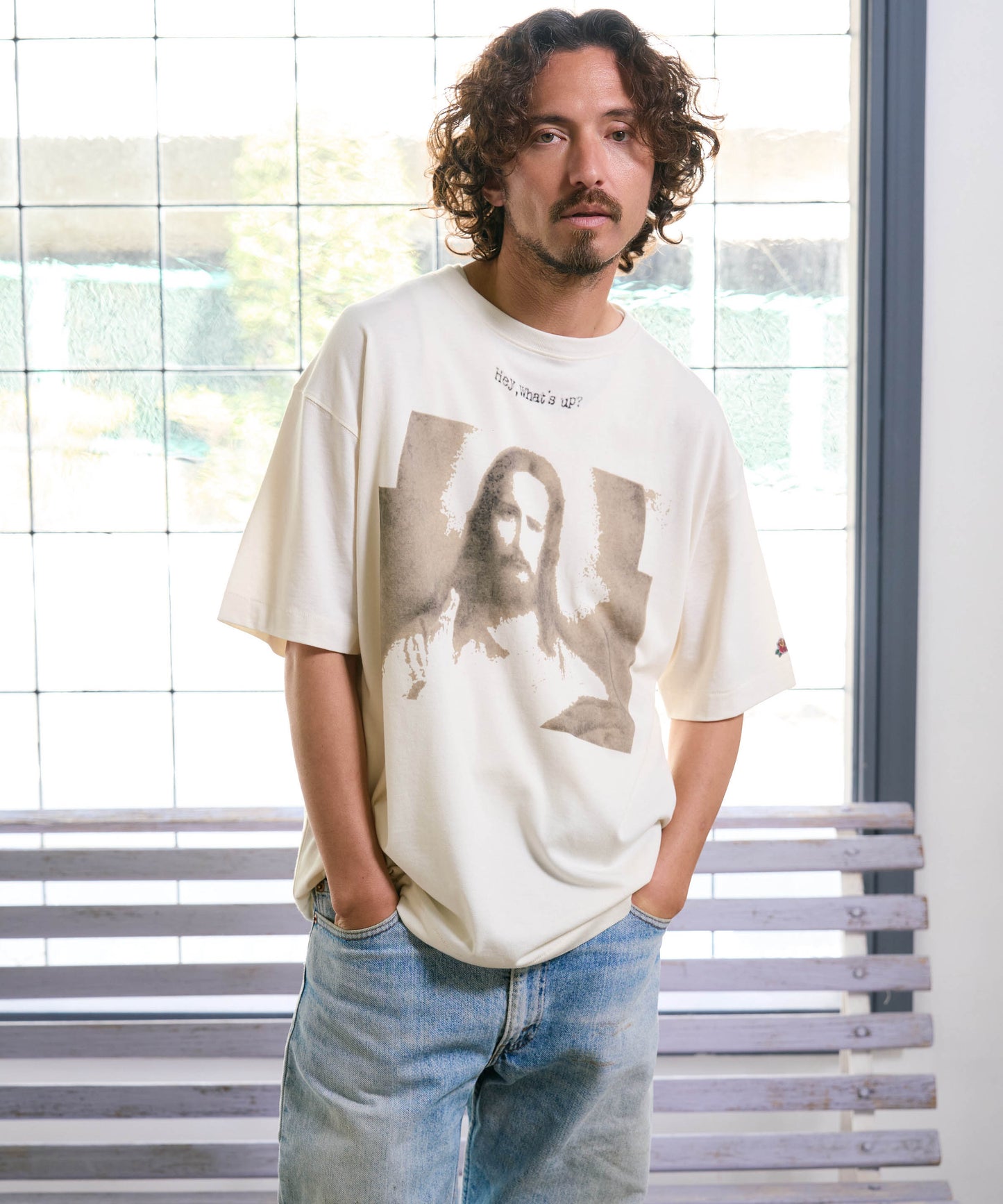 【予約販売7月中旬～下旬入荷】-Jesus-(ｼﾞｰｻﾞｽ) "Hey, What's up?" グラフィック＆ローズワッペン ヴィンテージTシャツ -Jesus-