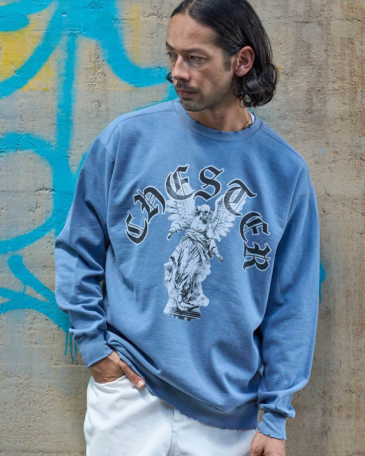 ピグメント後染デザインプリント クルーネックスウェット -Ozzy-【予約